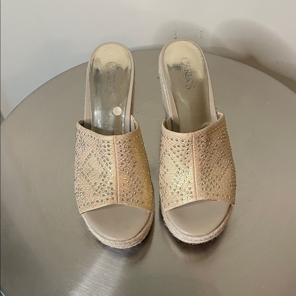 Carlos Santana Nude Rhinestone Espadrille Wedge Mule
